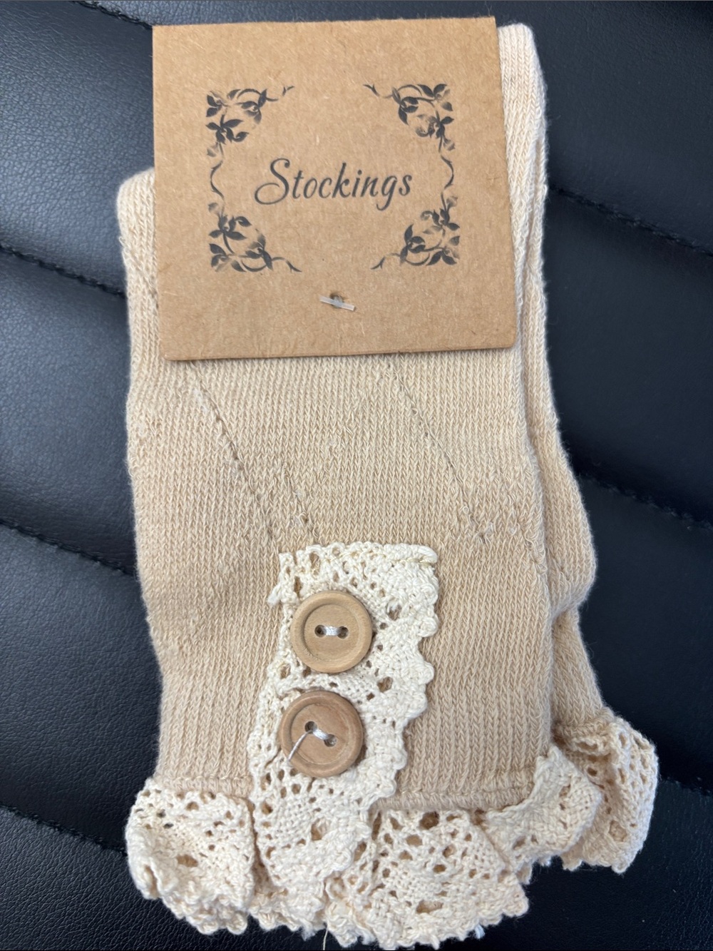 Beige Lace Trim Socks with Button Detail